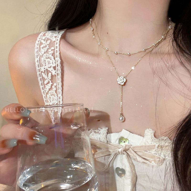 Wholesale Camellia Double-layer Pearl Choker Necklace
