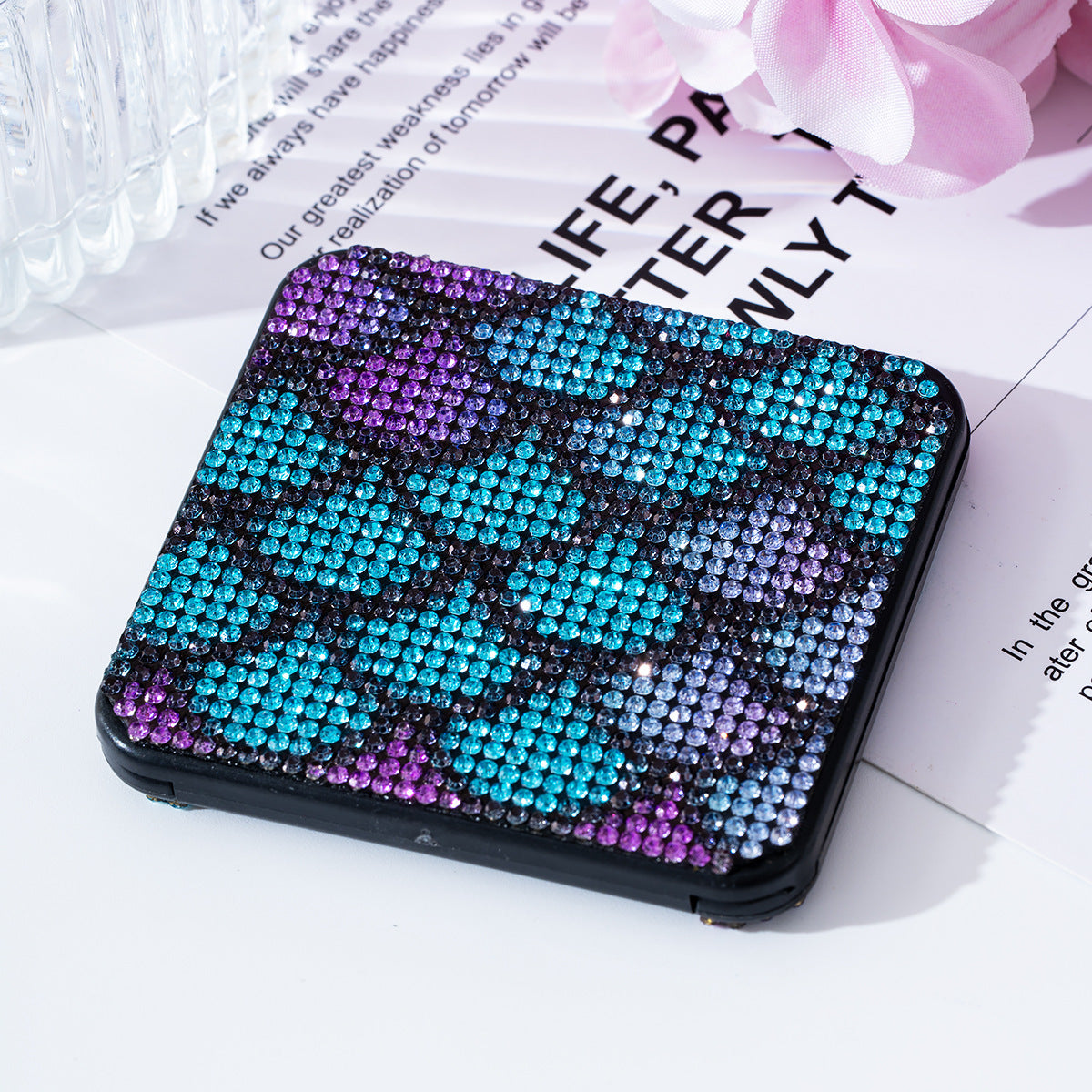 Wholesale Rhinestone portable small mirror mini portable double-sided folding square makeup mirror