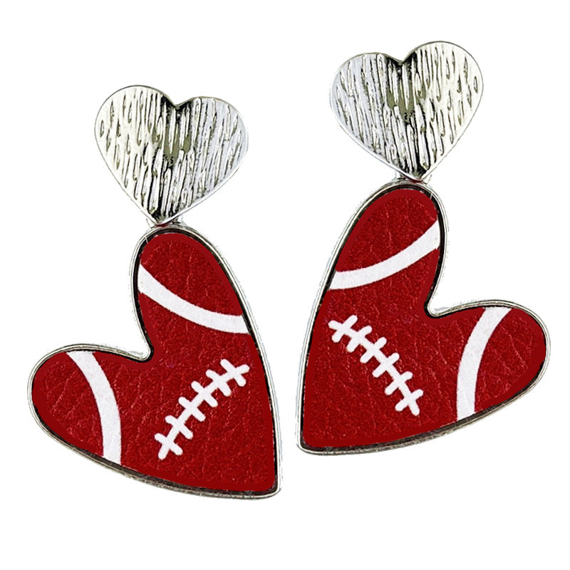 Wholesale 2 Pairs/pack Sports Season Football Heart Earrings Leather Metal Earrings ACC-ES-HY138
