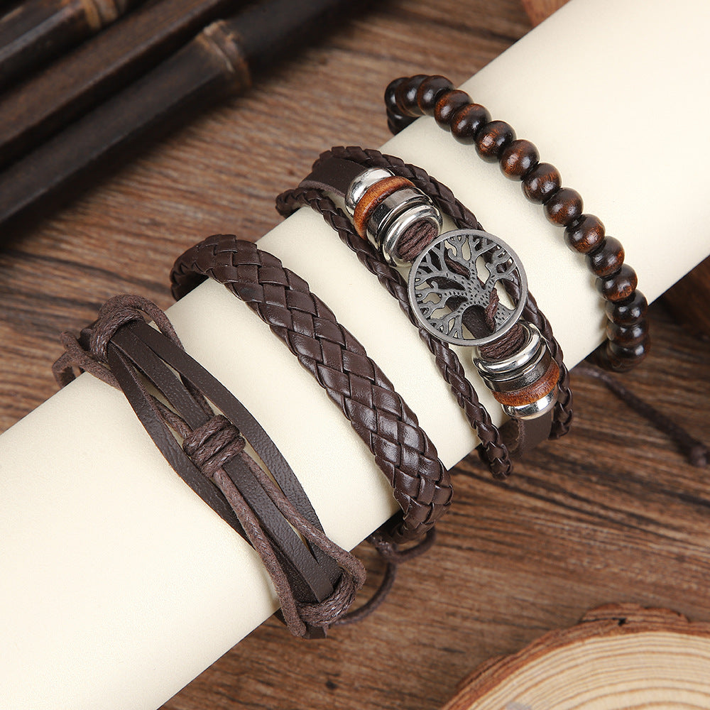Wholesale Vintage Tree Of Life Leather Bracelet Set Unisex Woven Wood Bead Punk Cuff Stylish Jewelry Accessory For Everyday Wear Boutique Resale