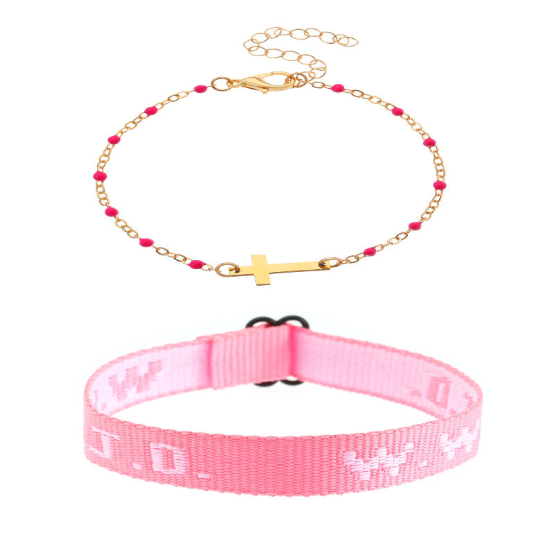 Wholesale Pink 5-piece Cross Women' s Fashion Personality Elastic Bracelet Set