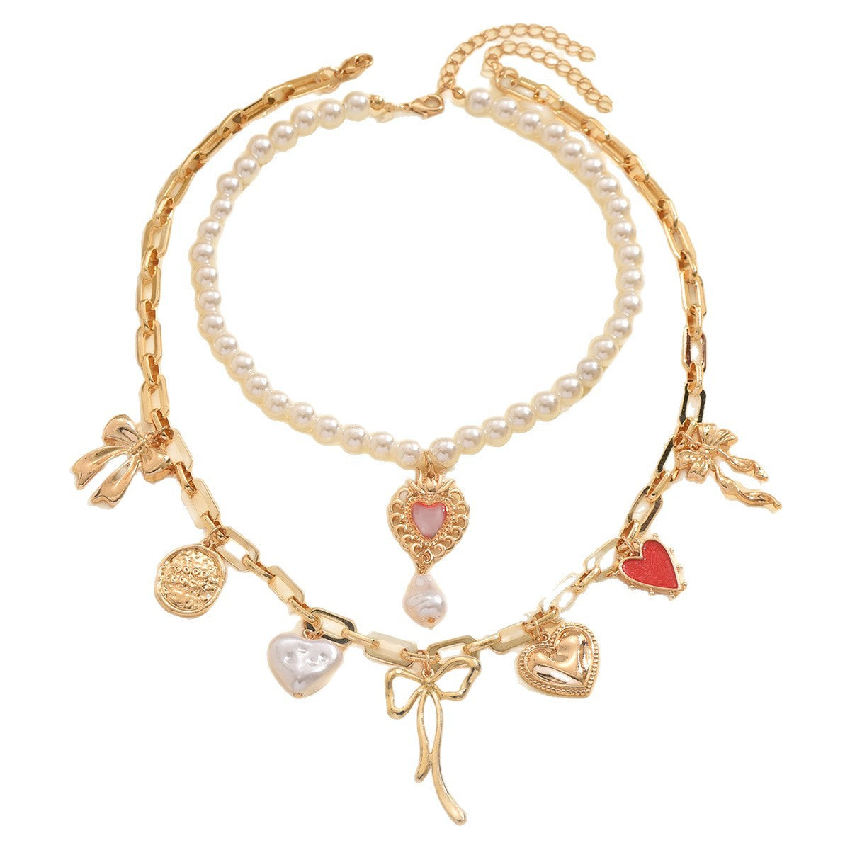 Wholesale creative vintage alloy heart and bow multi-pendant layered  necklace