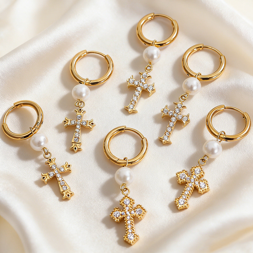 Wholesale Stainless steel zircon cross earrings