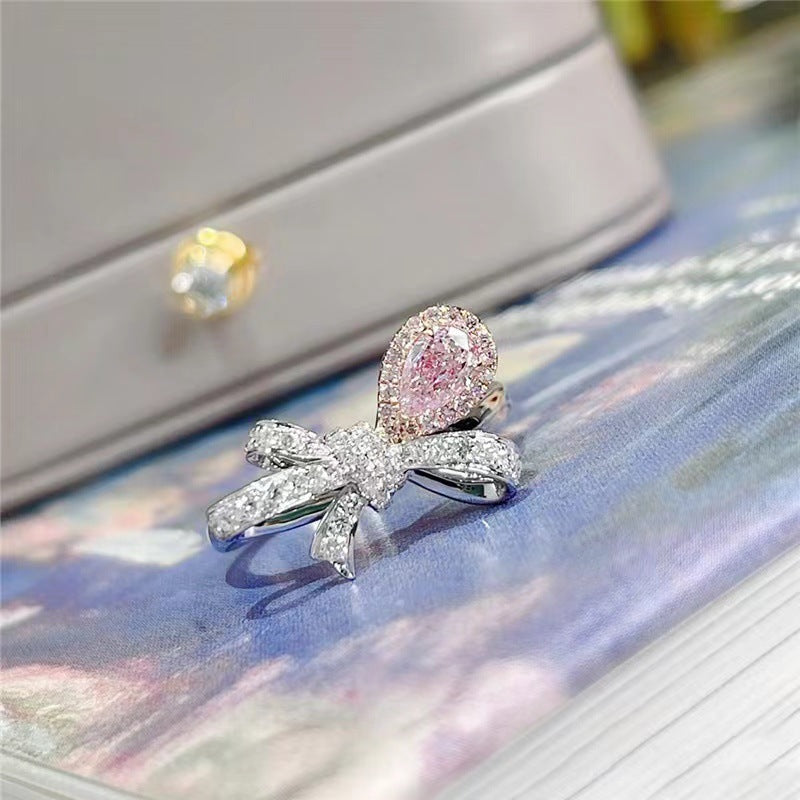 Wholesale Light Luxury Pink Micro-inlaid  Full Diamond Zircon Bow Water Drops Rings