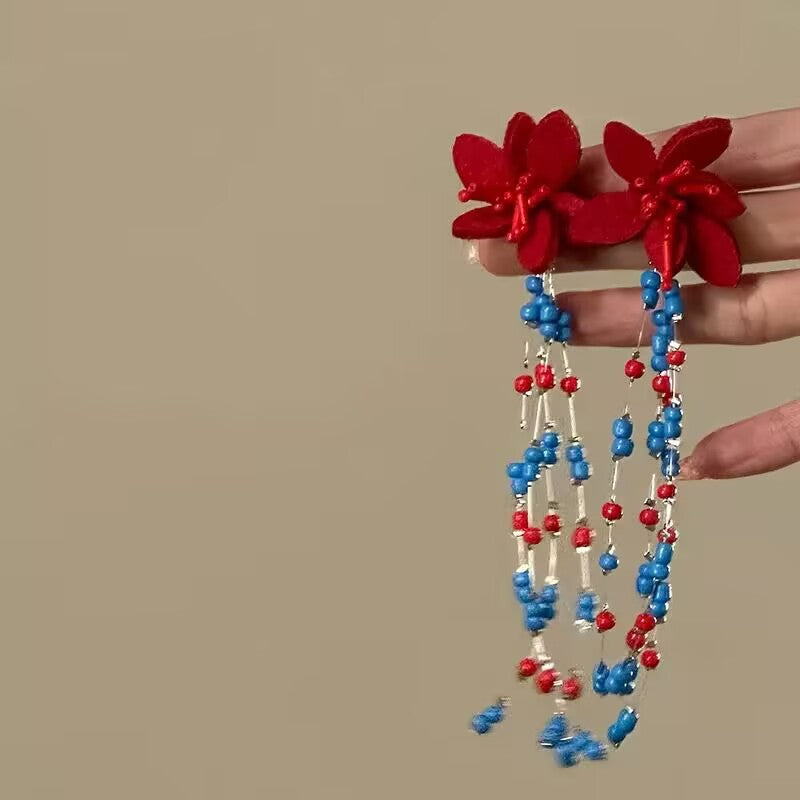 Wholesale Retro contrast color flower beaded long tassel earrings