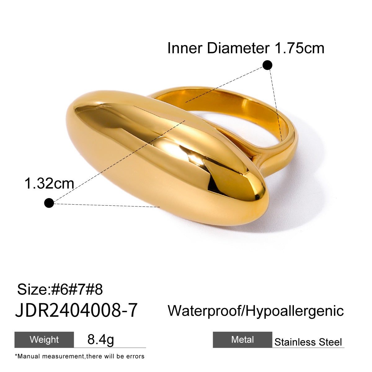 Wholesale 18k gold stainless steel oval curved metal ring