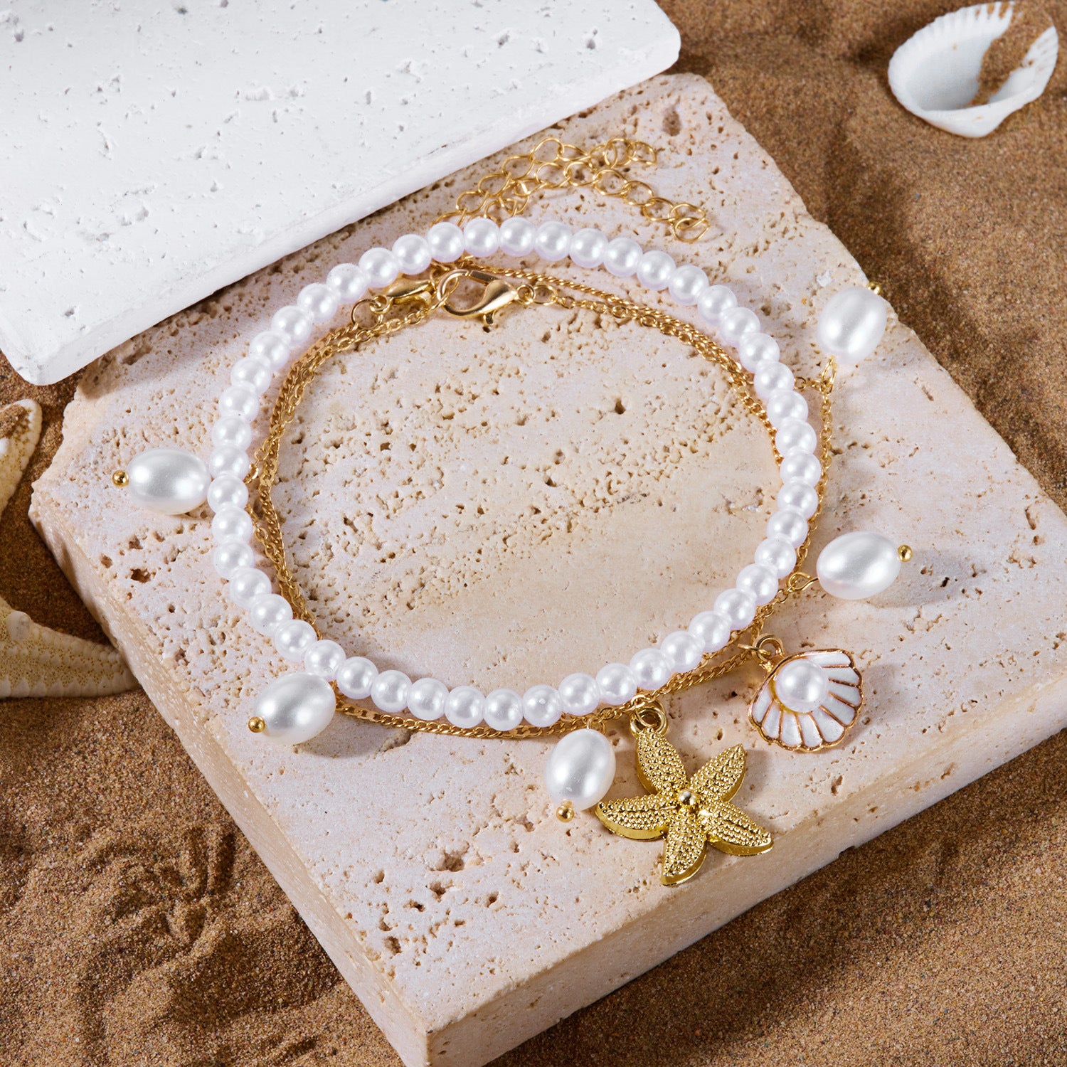 Wholesale  Starfish Round Shell 3-piece Set Foot Chain