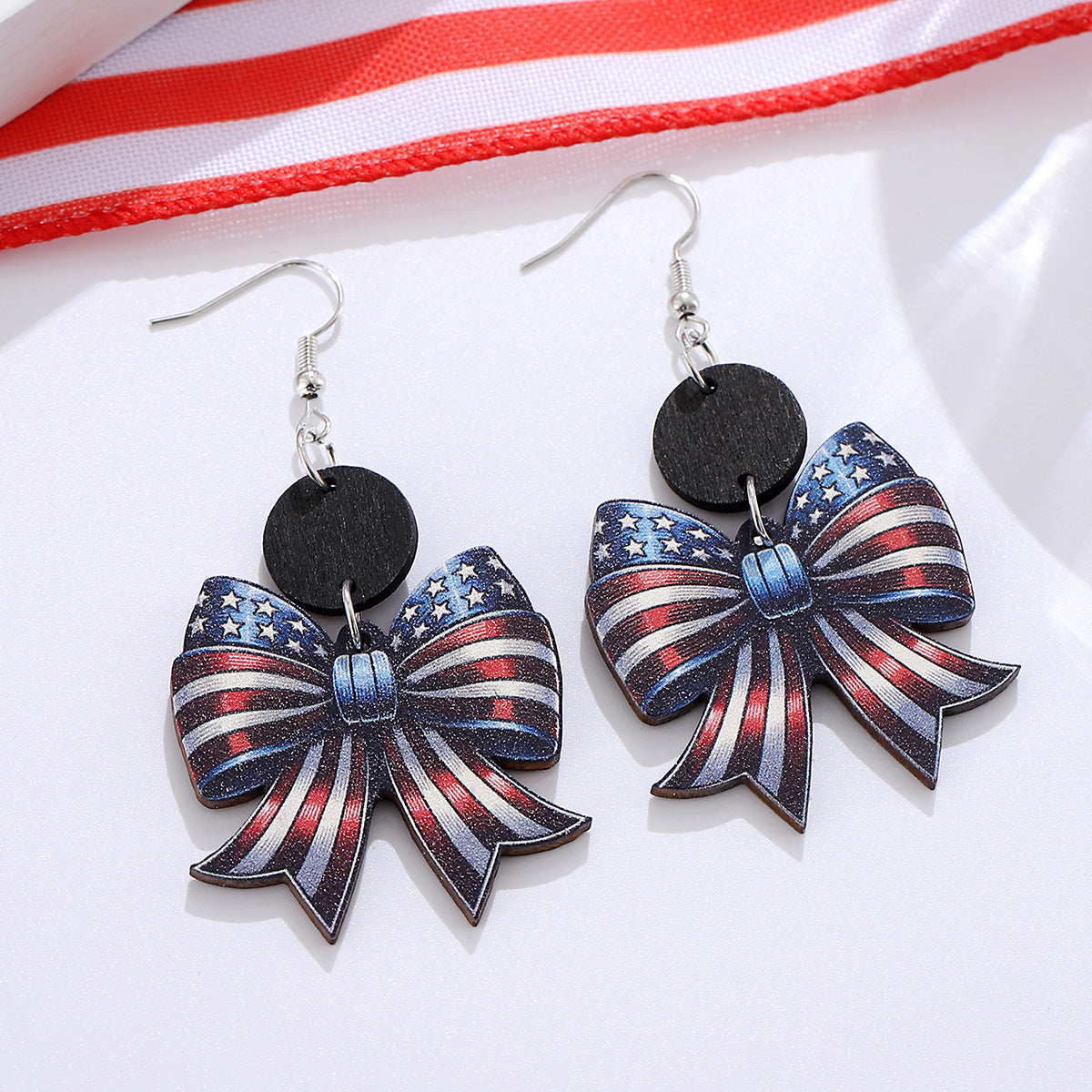 Wholesale Independence Day red, white and blue stars and stripes American flag bow wood splicing pendant earrings