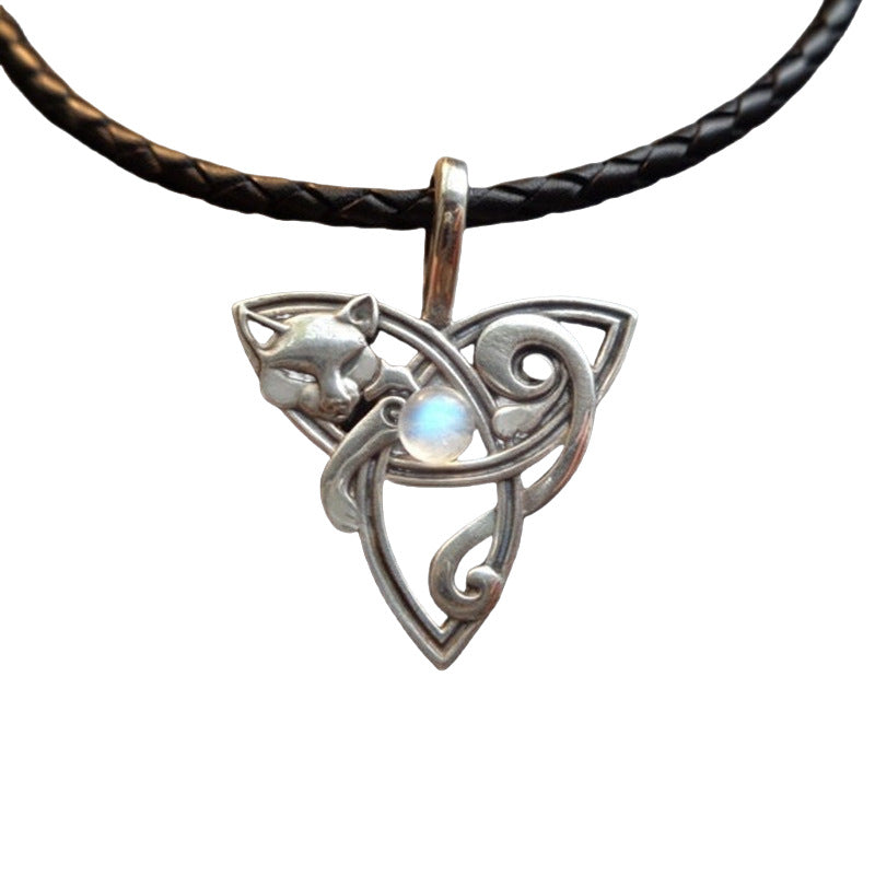 Wholesale Creative Cat Inlaid Moonstone Pendant Necklace