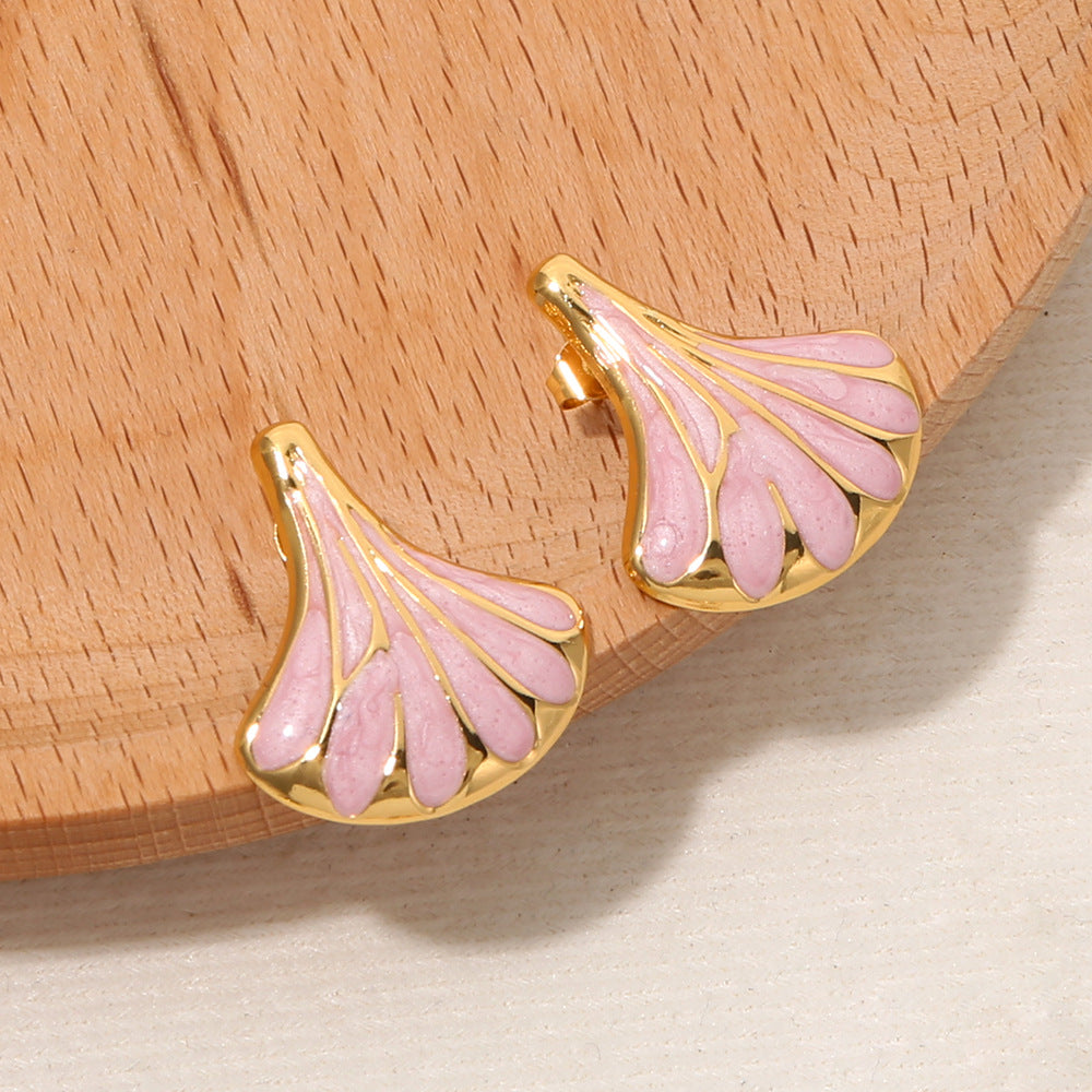 Wholesale Chic Ginkgo Leaf Fan-Shape Earrings Stainless Steel Drop Oil Vintage Gold Fashion Accessory