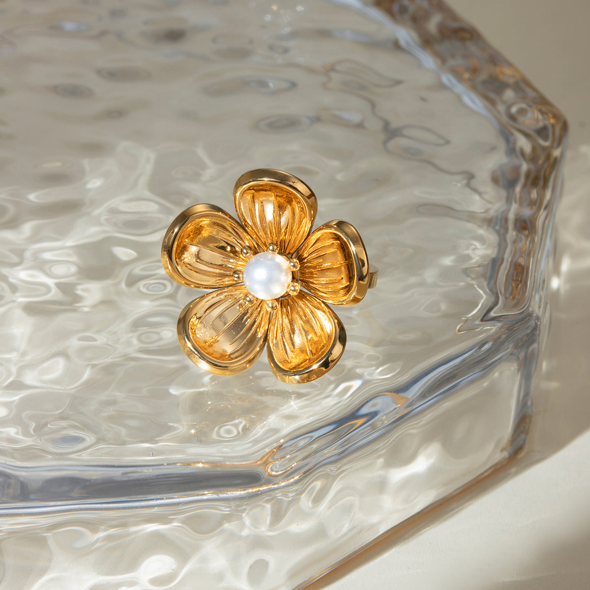 Wholesale  18k gold stainless steel flower pearl opening ring