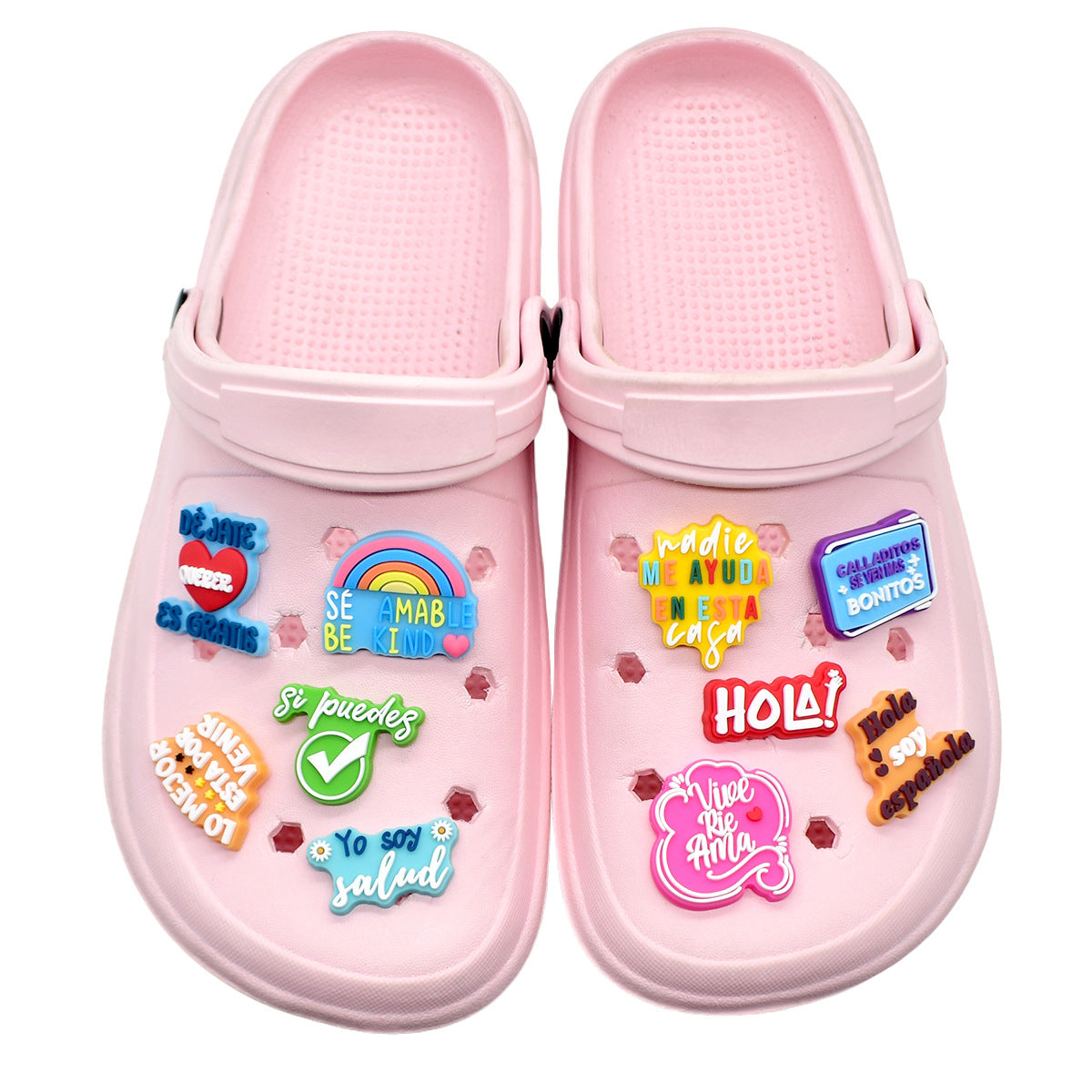 Wholesale  Random 100pcs Colorful Spanish phrase series PVC Soft Rubber Shoe Buckle Decoration
