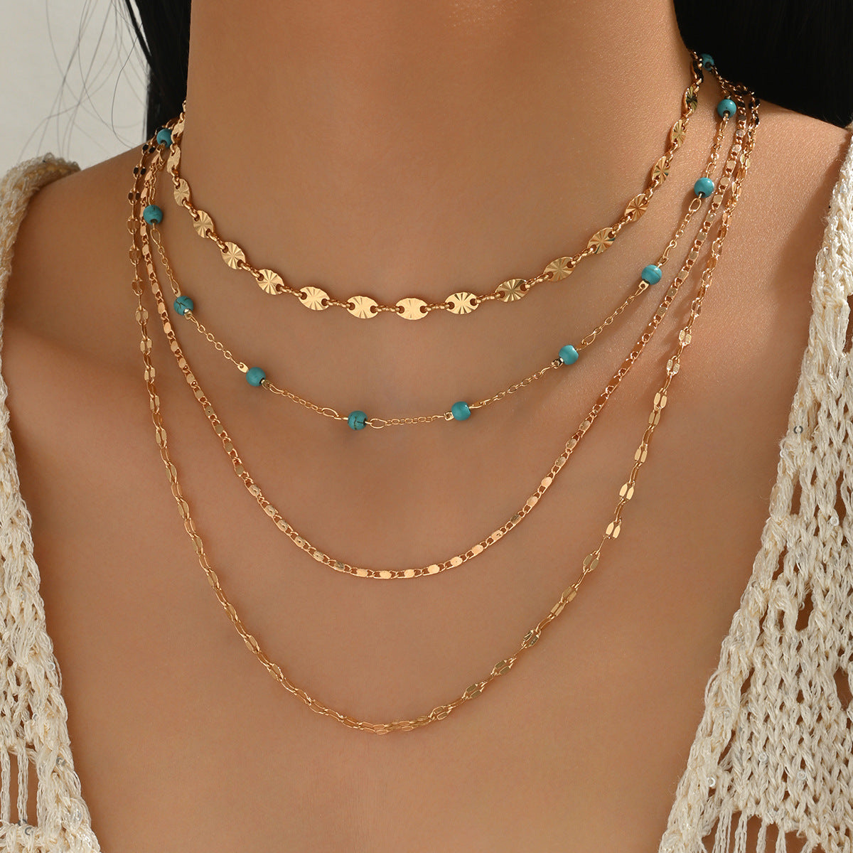 Wholesale Casual French-Style Turquoise Beaded Necklace Set of 4,  Gold-Plated Collarbone Chain Jewelry Accessory for Women