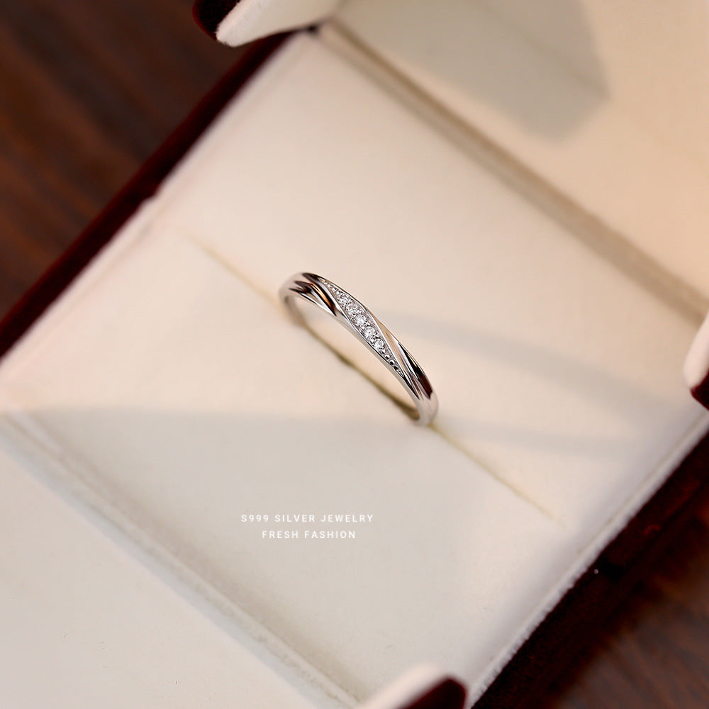 Wholesale s999 Foot Silver Love Simple Wave Micro-inlaid Zircon Couple Ring