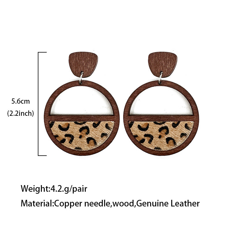 Wholesale  Western genuine leather earrings geometric stitching hollow inlaid leopard print earrings