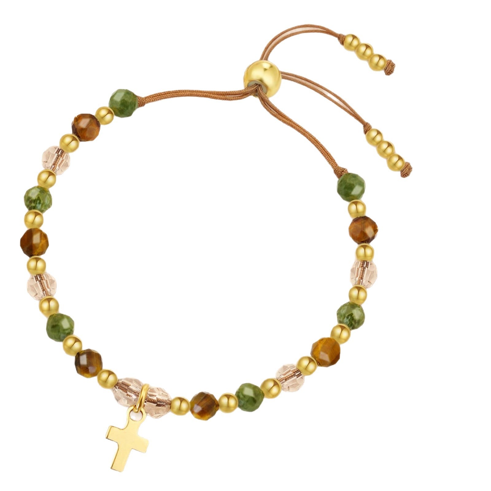 Wholesale 4mm Faceted Natural Stone Gold Cross Pendant Pull Buckle Adjustable Bracelet