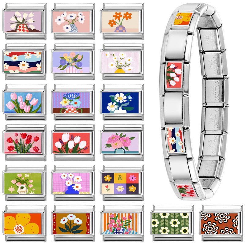 Wholesale  Italian Charm Bracelet 9mm DIY Fresh Floral-Themed  Creative Stainless Steel Composable Bracelet