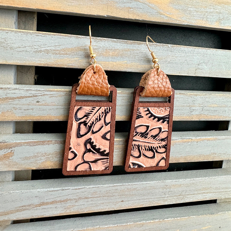 Wholesale Western Style Genuine Leather Earrings, Leopard Print Cow Pattern Geometric Hollow Earrings ACC-ES-XinChuan003