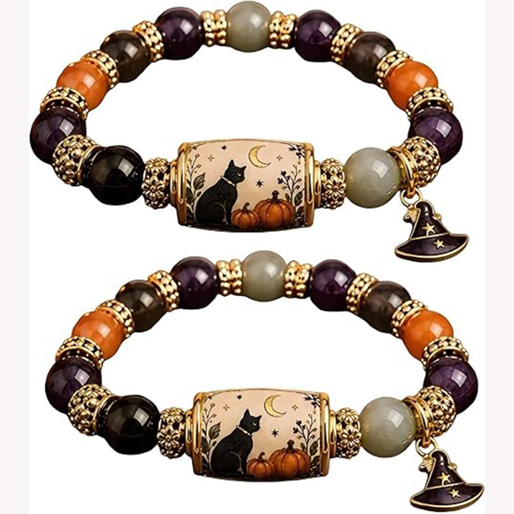 Wholesale  Black Cat Hand Beaded Bracelet Witch Hat Pumpkin Charm Jewelry Accessory Boutique Resale