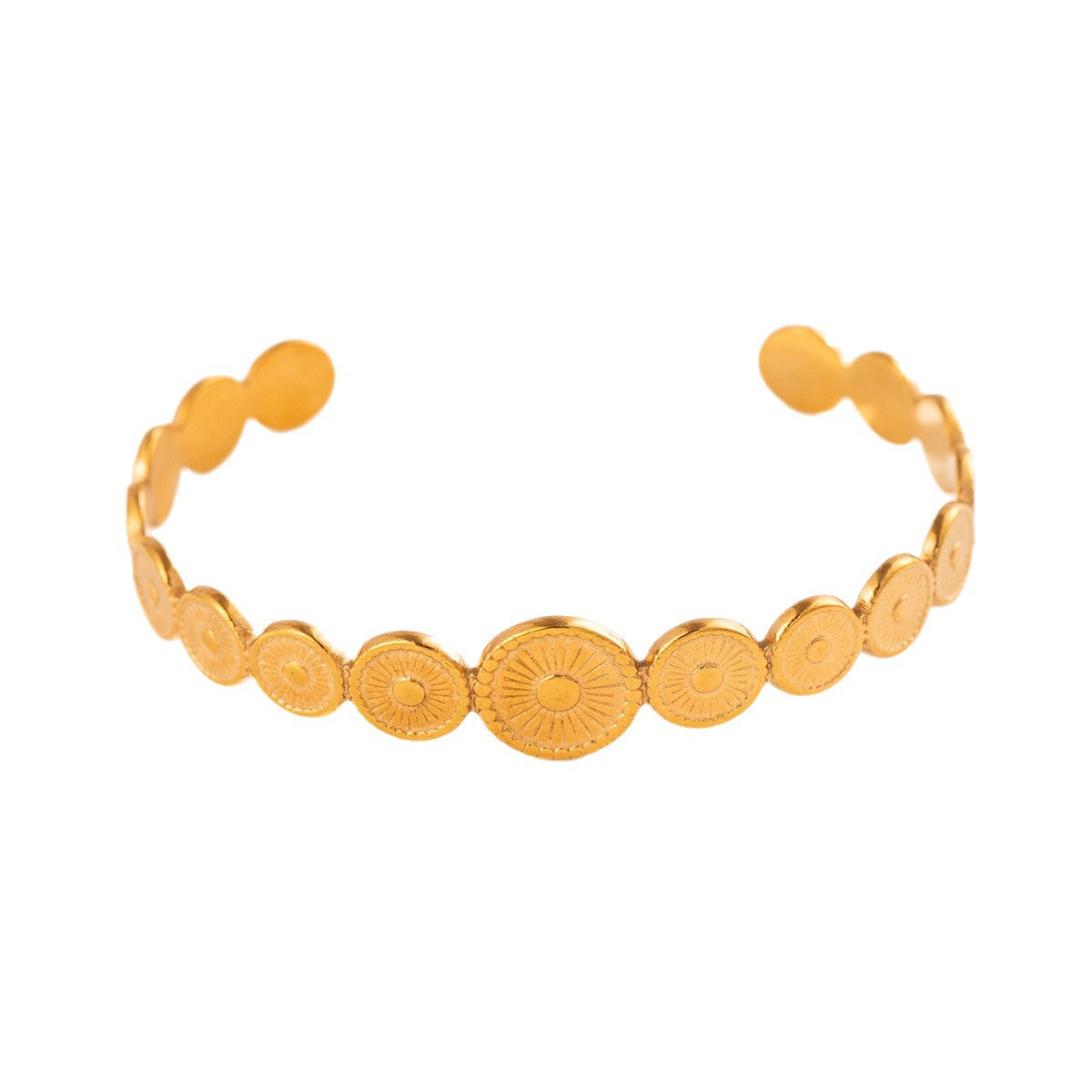 Wholesale Sun Pattern Stainless Steel Open Cuff Bangle For Women Gold Finish Trendy Fashion Jewelry Boutique Resale Gift