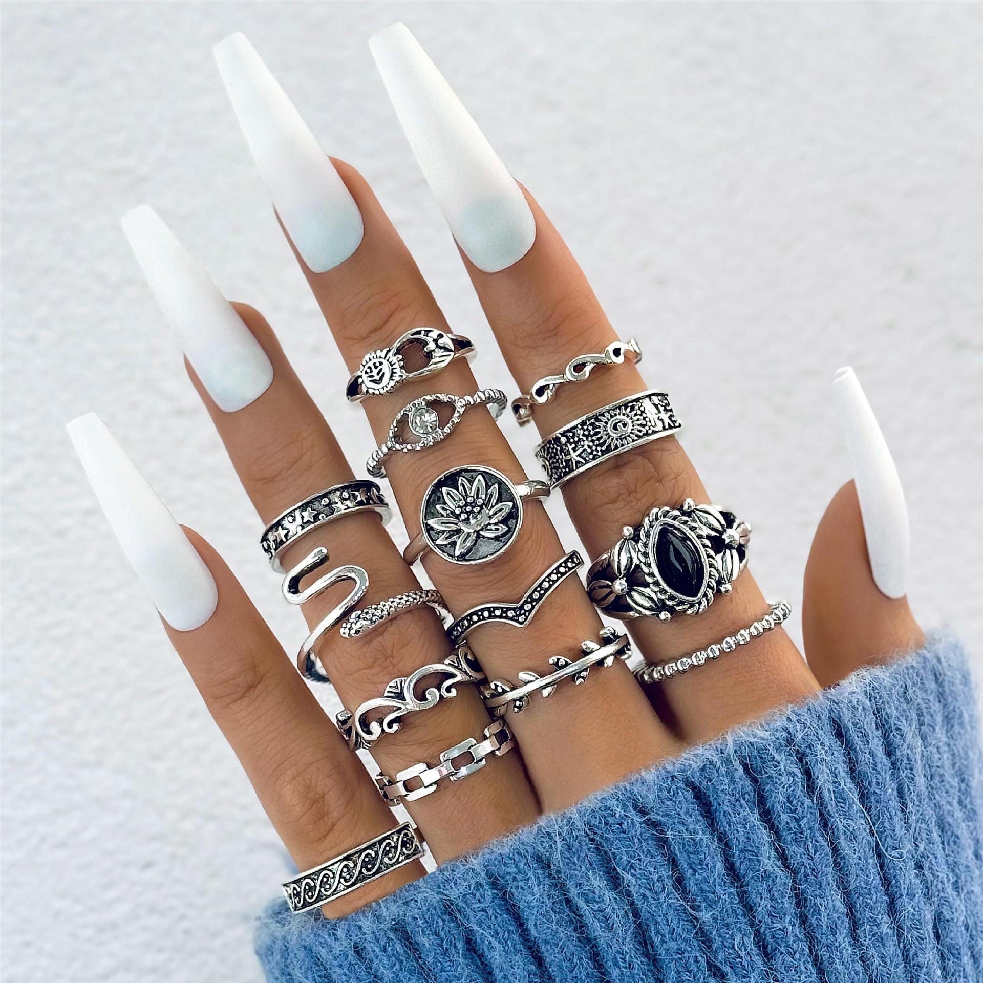 Wholesale Hollow Crown Diamond Dripping Oil Ring Set 15 Pieces ACC-RS-LingGe001