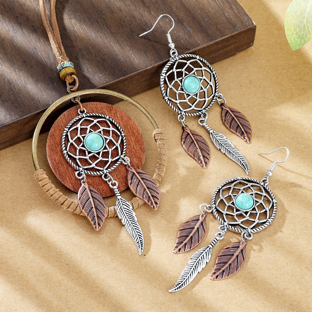 Wholesale Dream Catcher  Web Earrings and Necklace Set,  Alloy with Feather Tassel,  Ethnic Style Jewelry for Gift,  Party,  or Resale