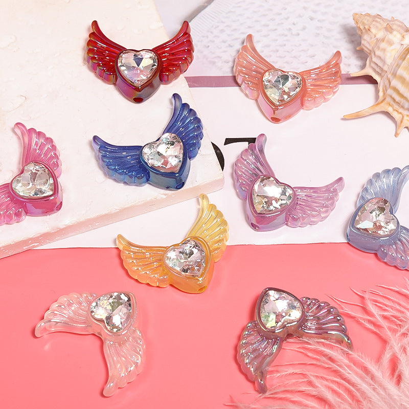 Wholesale 50pcs Luminous LUCK Angel Wings Love Diamond Inlaid Acrylic Beads Diy Accessories ACC-BDS-BLG087