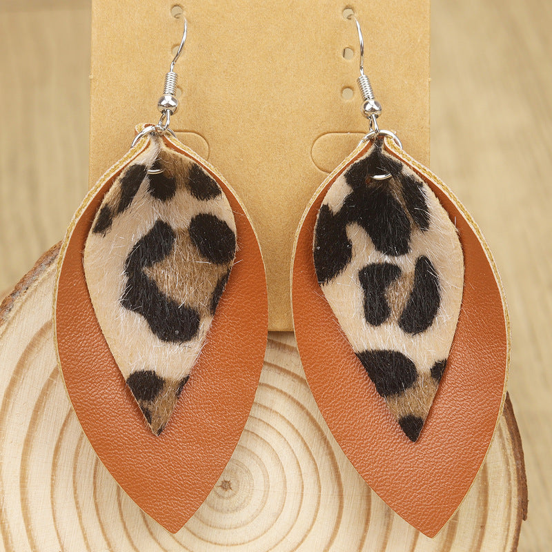 Wholesale  Bohemian Style Multi-Layered Leopard Print Striped Leaf Shape Women's Leather Earrings