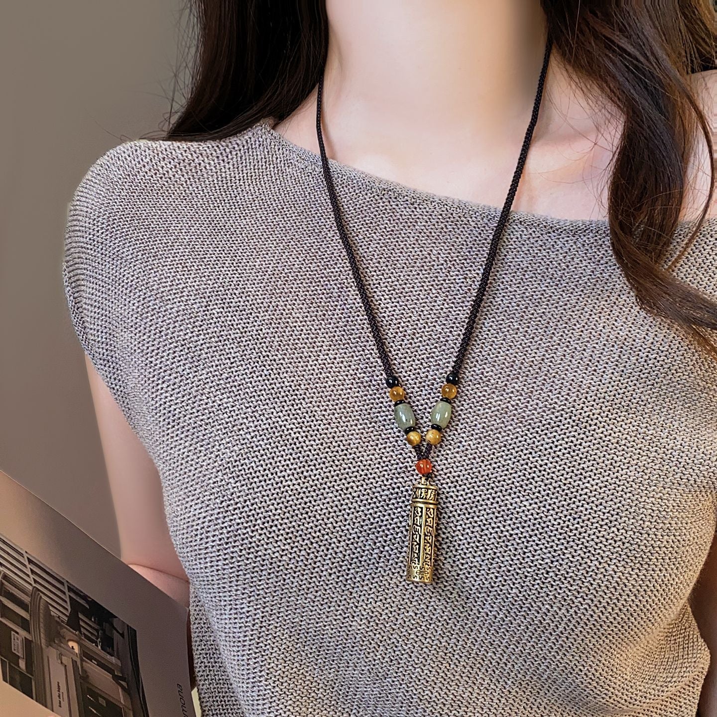 Wholesale Copper Zircon Gau Box Pendant Necklace,  Chinese Style Ethnic Braided Rope Chain Jewelry Accessory for Women,  Fashion Gift