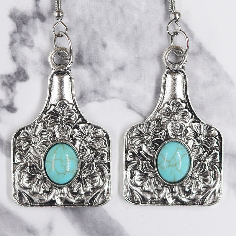 Wholesale Western old denim style alloy turquoise sunflower cactus retro ethnic style flower earrings