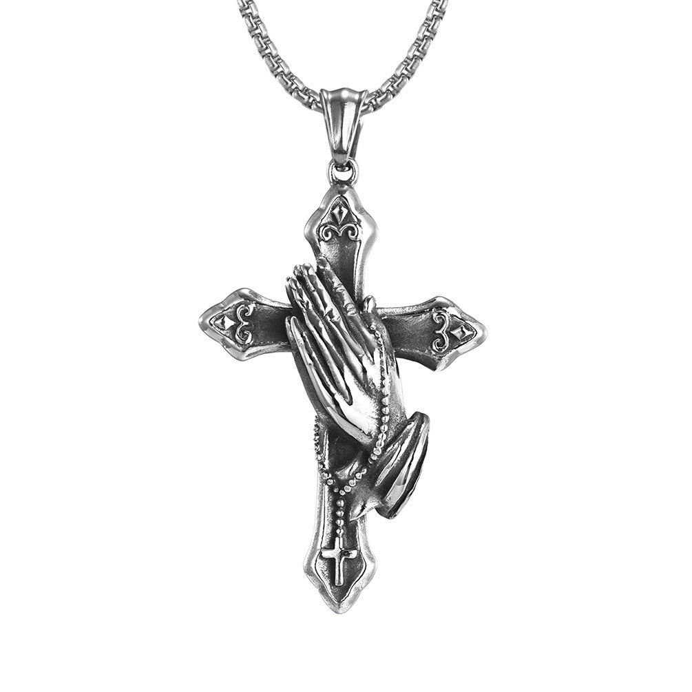 Wholesale Titanium Steel Retro Praying Hands Pendant Necklace Trendy Jewelry Accessory Boutique Resale