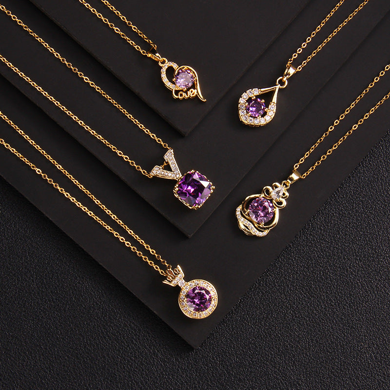 Wholesale Purple Zircon Necklace Love Purple Qi Donglai Pendant Heart Necklace ACC-NE-Rongc010