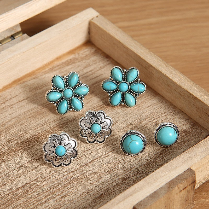 Wholesale Bohemian Turquoise Round Flower Earring Stud Set Alloy Fashion Accessory
