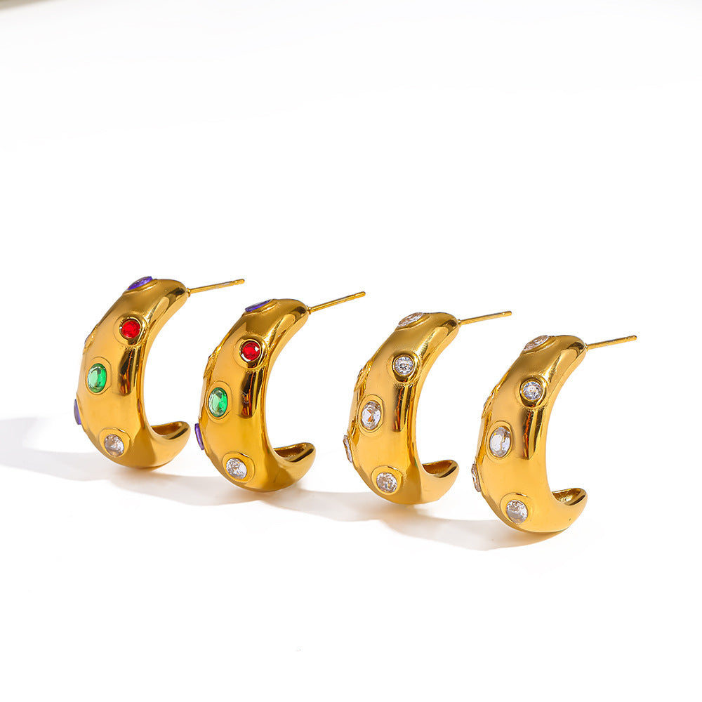 Wholesale Stainless steel stud earrings with a light luxury feeling and colorful diamonds