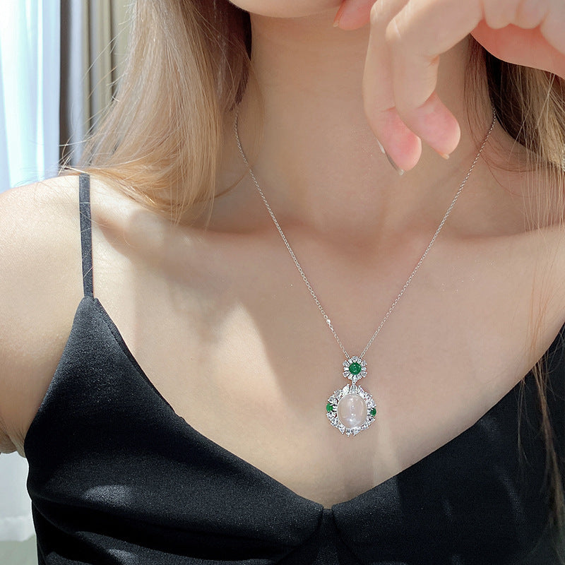 Wholesale Natural Chalcedony Gray Agate White Jade Full Diamond Open Ring Necklace Set ACC-NE-KaLuoqi001