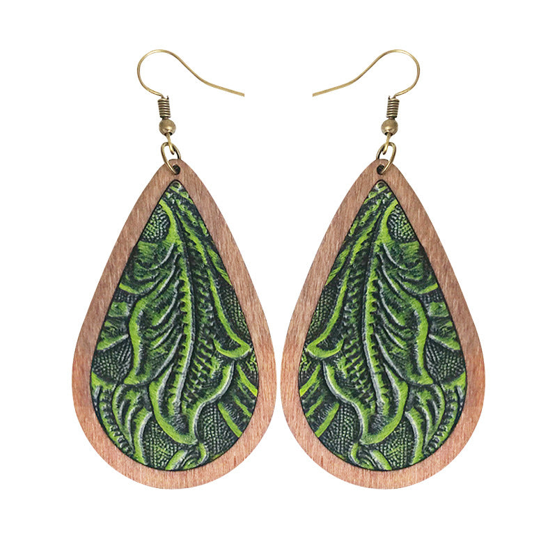 Wholesale 3 pairs/  pack Leather Bohemian vintage embossed wooden frame earrings