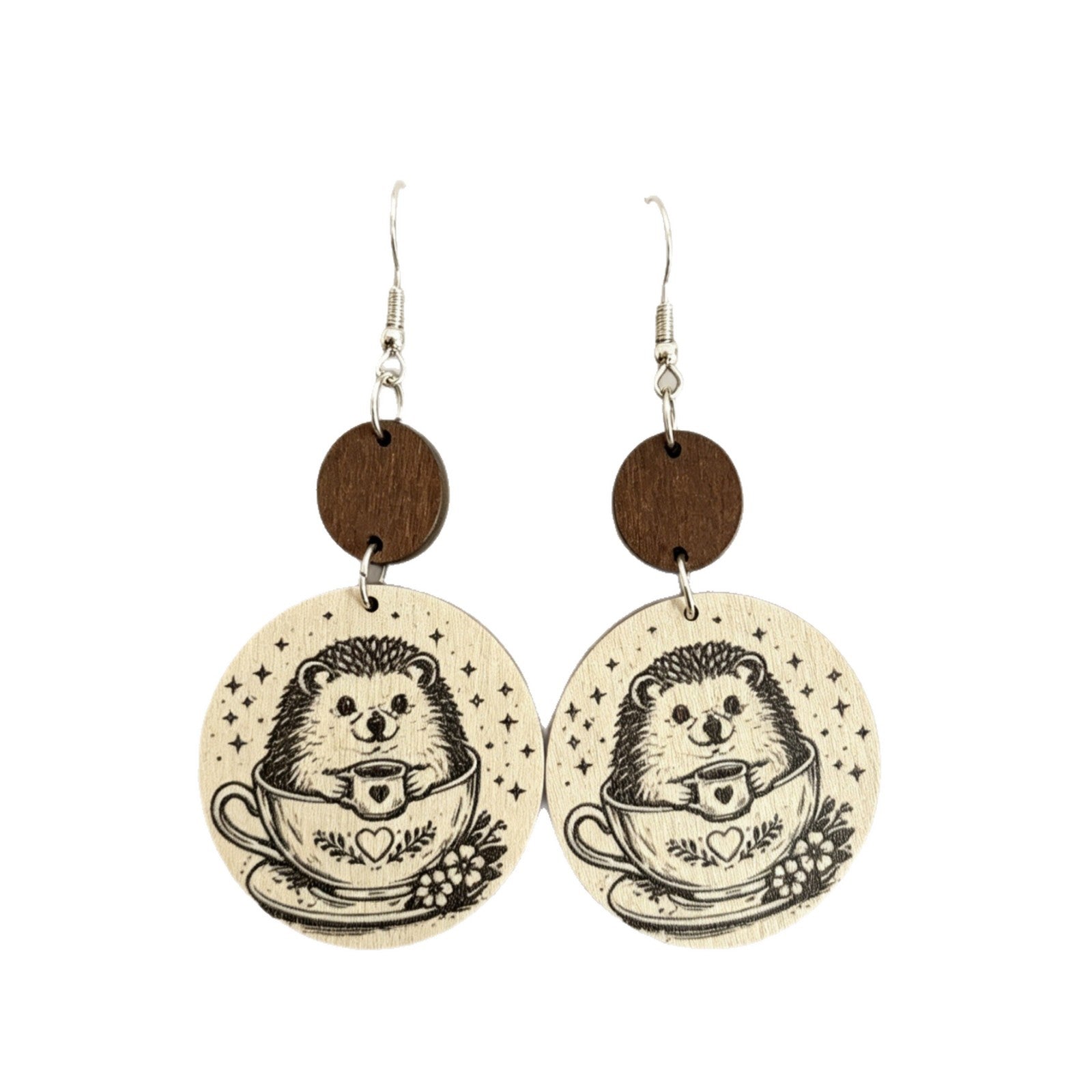 Wholesale Wooden Retro Earrings,  Hedgehog Star Print,  Fashion Accessory for Everyday Wear