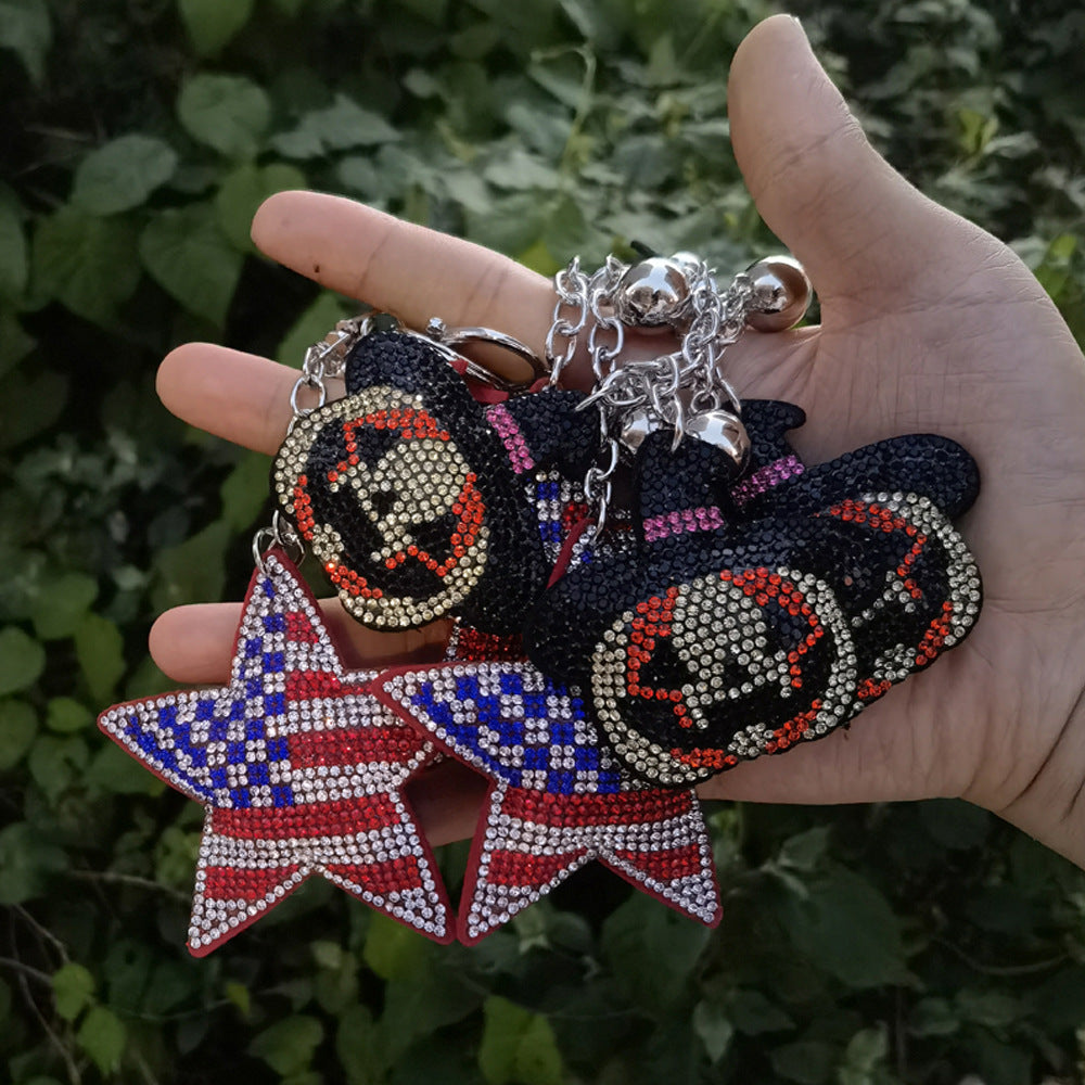 Wholesale Creative  Velvet Leather Diamond-encrusted American Flag Five-pointed Keychain