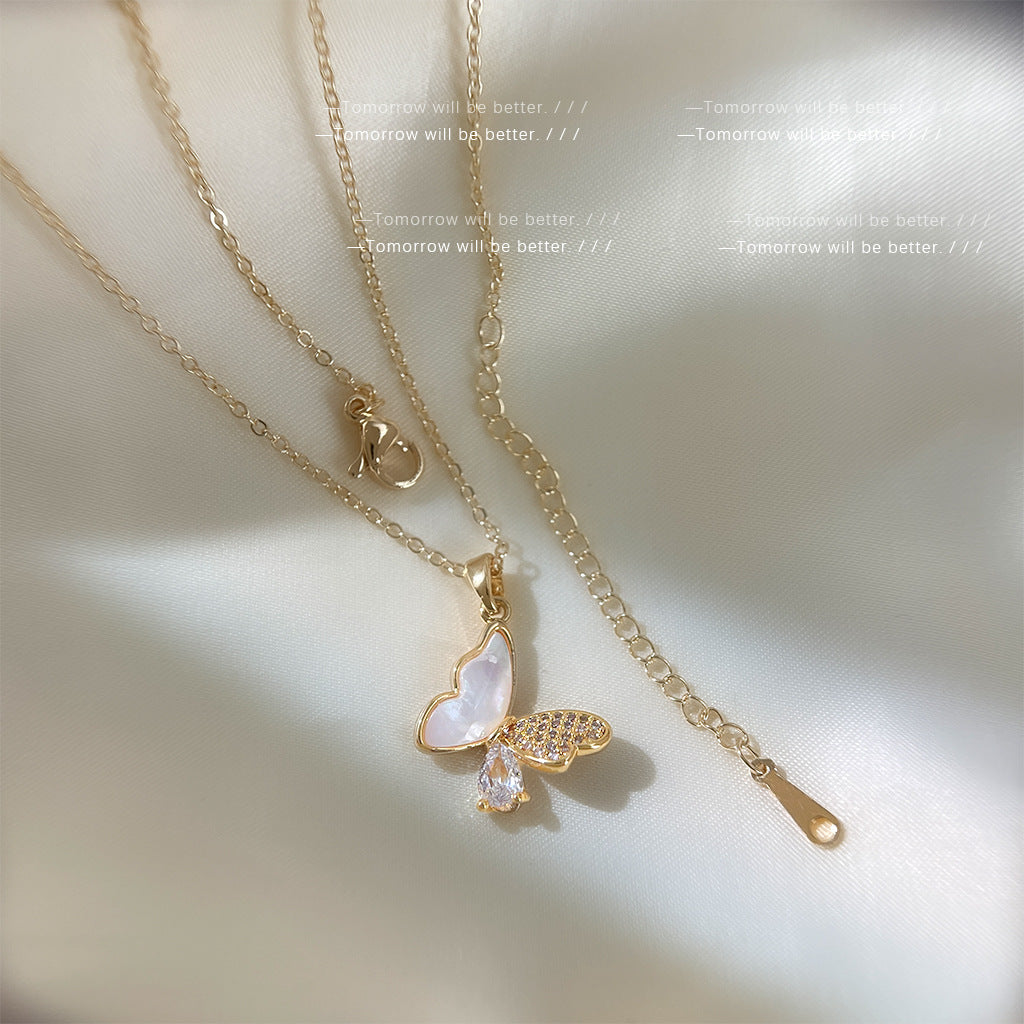 Wholesale White French Style Micro-Pavé Zircon Butterfly Necklace