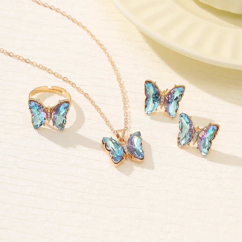 Wholesale Colorful Inlaid 3-piece Earrings Necklace Ring Butterfly Diamond Necklace ACC-RS-YunJin003