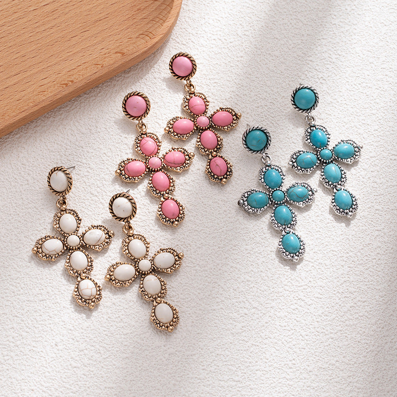 Wholesale Oval Turquoise Cross Earrings