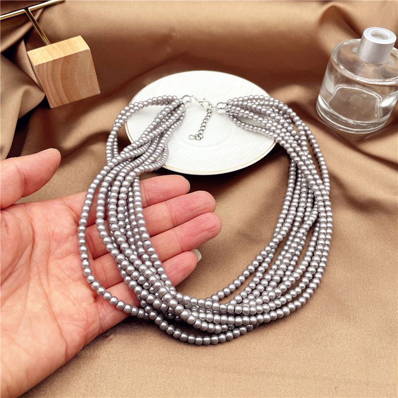 Wholesale retro multi-layer silver gray glass pearl necklace