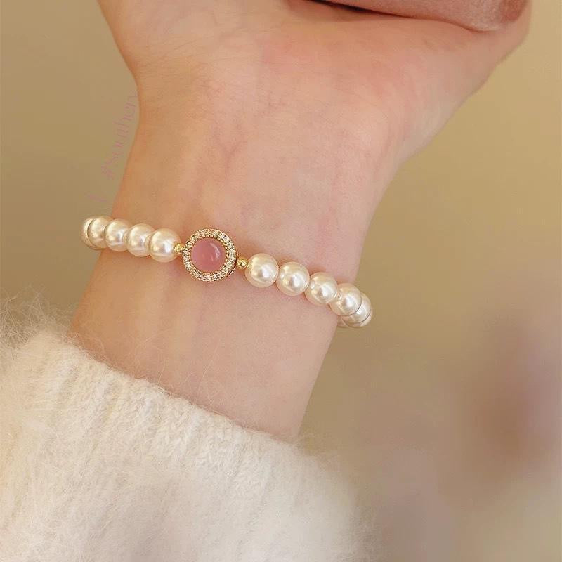 Wholesale French Style Pink Imitation Pearl Heart Beaded Bracelet Fashion Jewelry Accessory Boutique Resale Gift