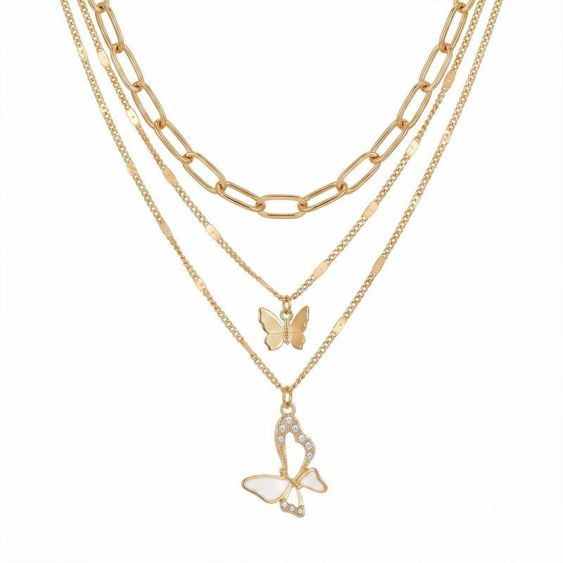 Wholesale Vintage Hollow Out Three Layer Butterfly Layering Necklace For Women Gold Alloy Fashion Accessory Gift