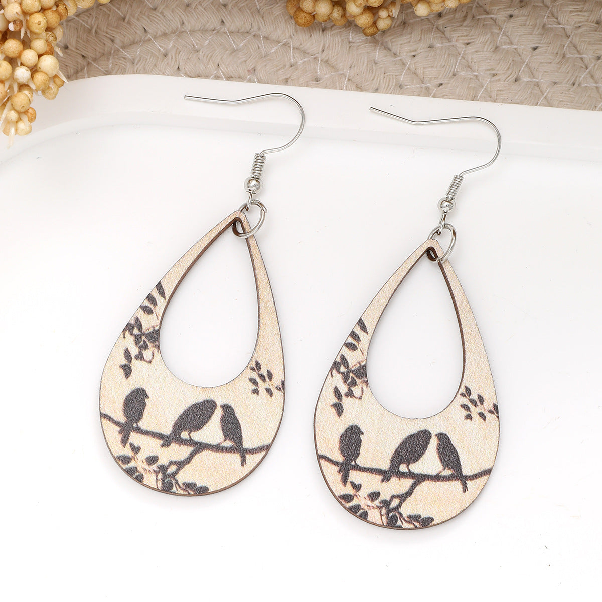 Wholesale Vintage Hollow Round Wood Earrings Bird Drop Shape Earrings