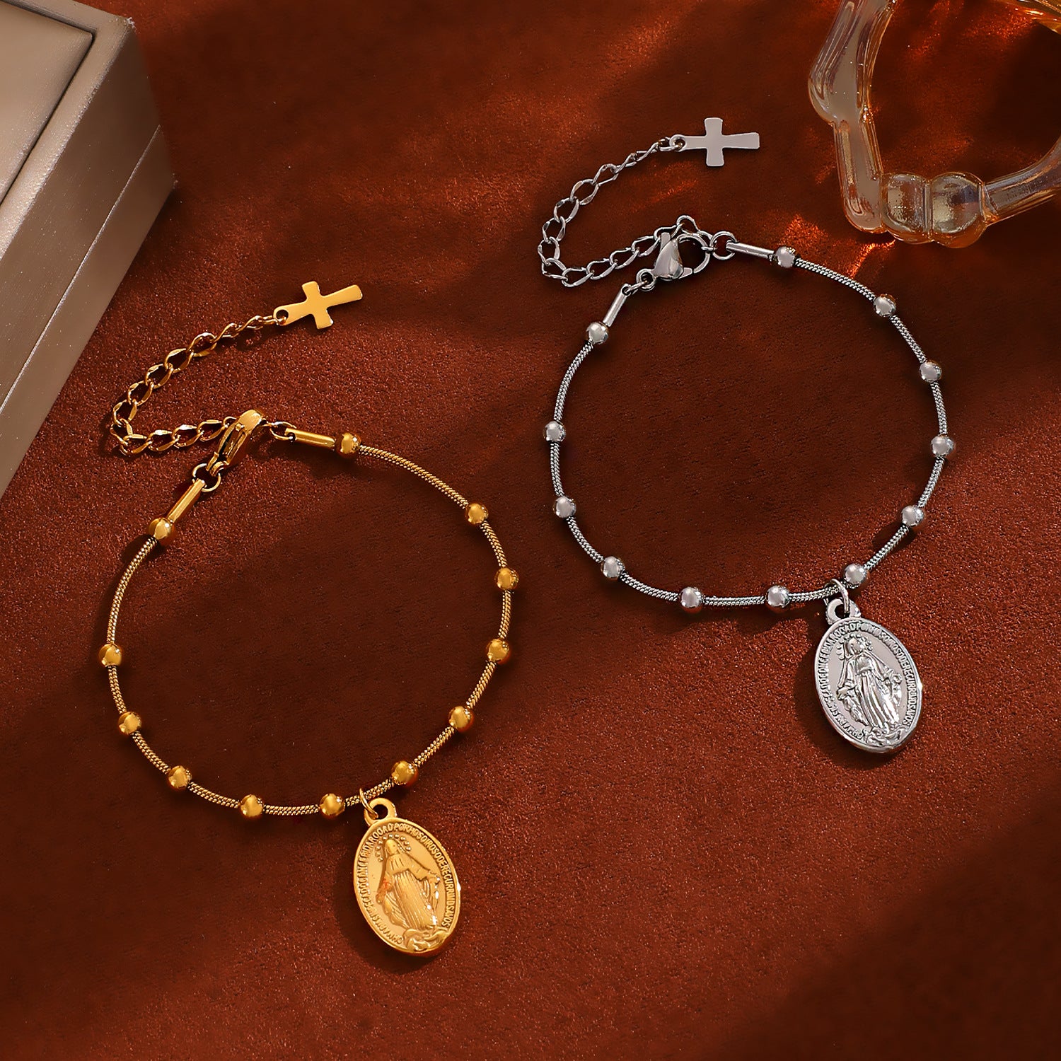 Wholesale Beaded Bracelet With Vintage Maria Cross Oval Pendant Stainless Steel Fashion Accessory For Women Everyday Wear