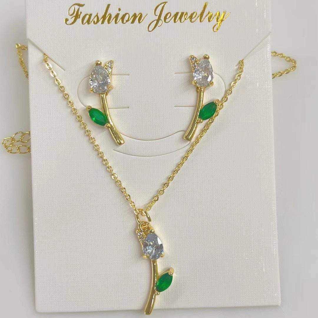 Wholesale Copper-plated 18k colored zircon floral tulip necklace and earring set