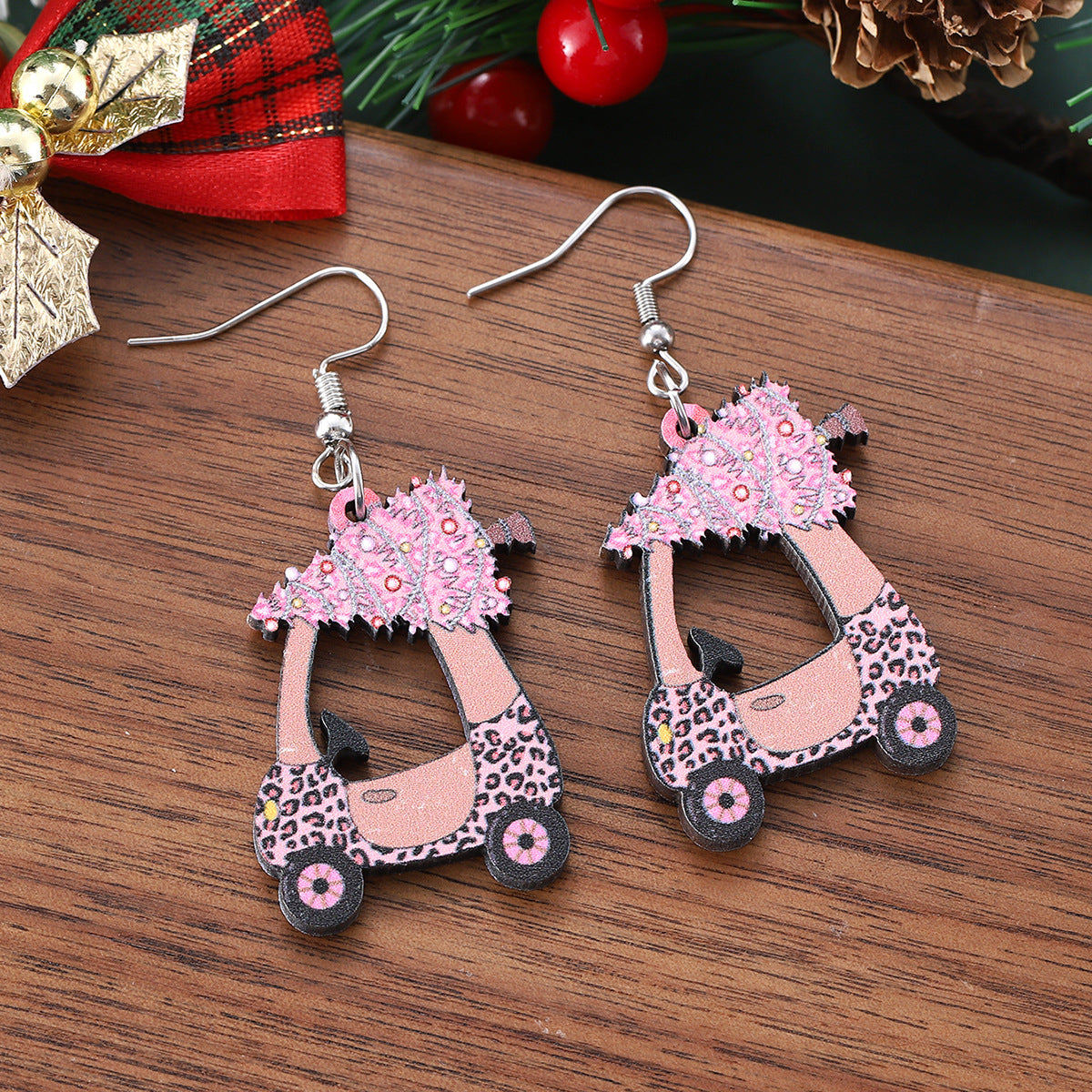 Wholesale Christmas hollow pink Christmas tree leopard car pendant earrings wooden