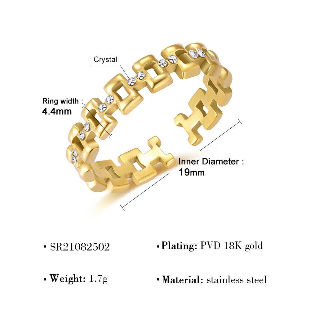 Wholesale  Light Luxury Inlaid Zircon Personalized Stainless Steel Oval Hollow Opening Adjustable Ring