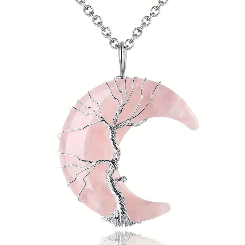 Wholesale Boutique Wire Wrapped Crescent Moon Tree Of Life Amethyst Crystal Necklace Jewelry Accessory